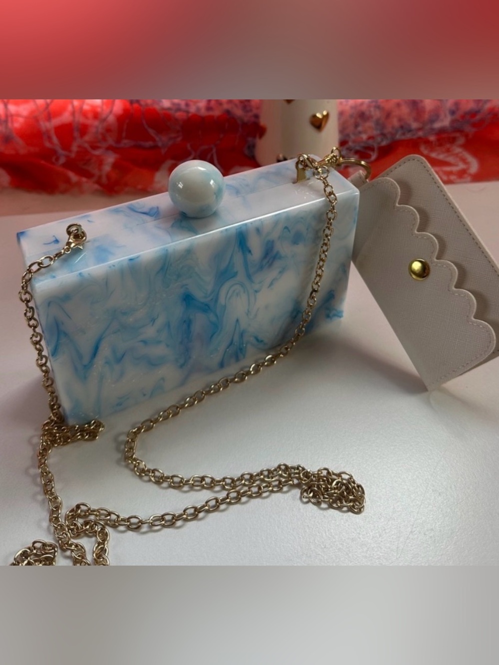 Vintage Blue Marble Acrylic Box Clutch + Removable Card Holder +happy wife case
